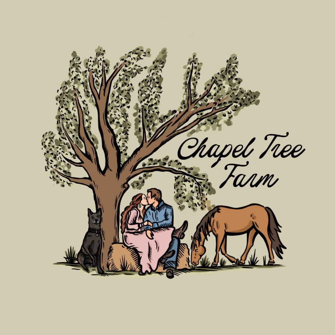 Chapel Tree Farm illustration: a couple under a big tree with their dog and horse